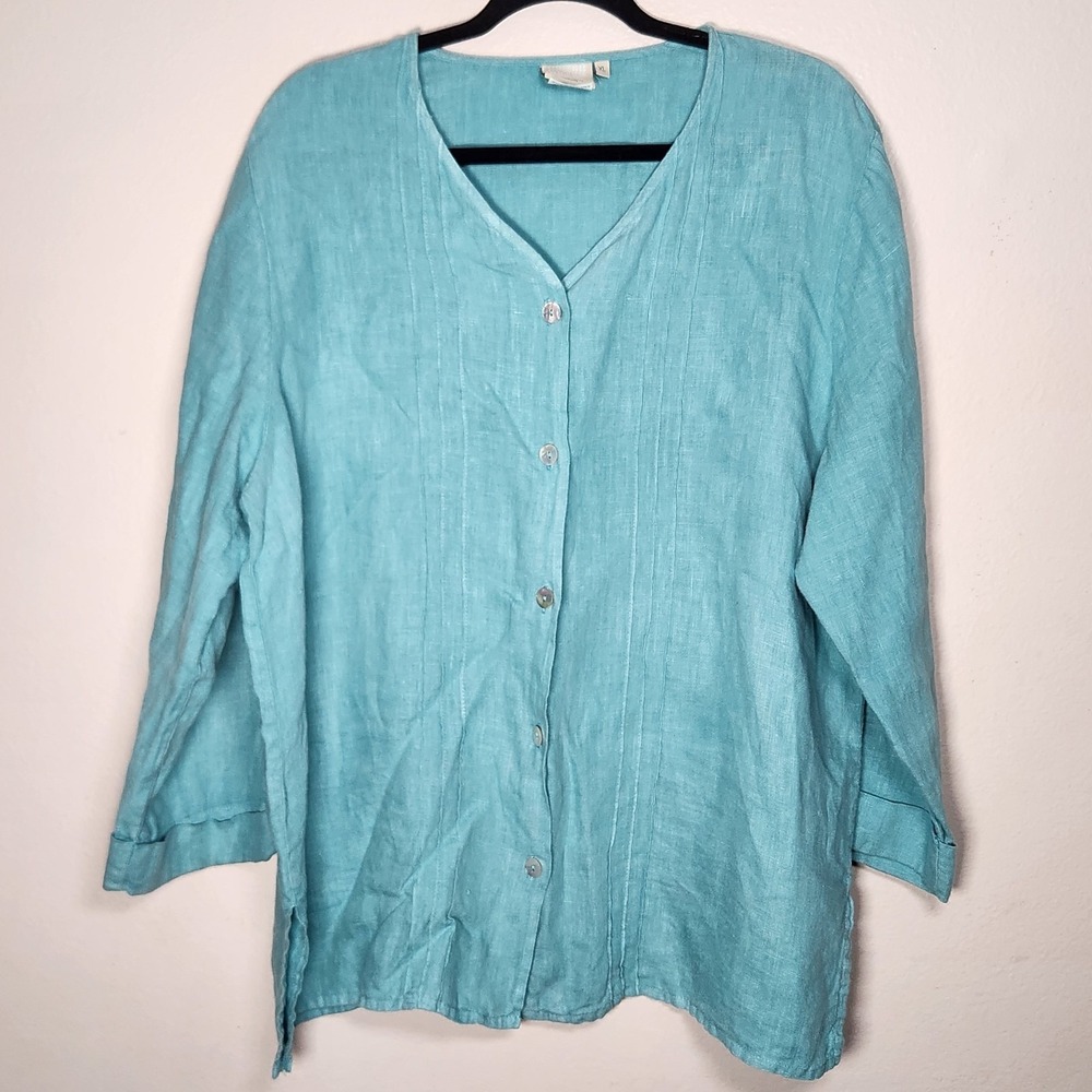 Lantana Casuals Womens XL Blue 100% Linen Button Front Top Lagenlook Coastal